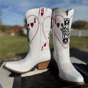 Dingo Queen Of Hearts White and Red Western Heeled Boots